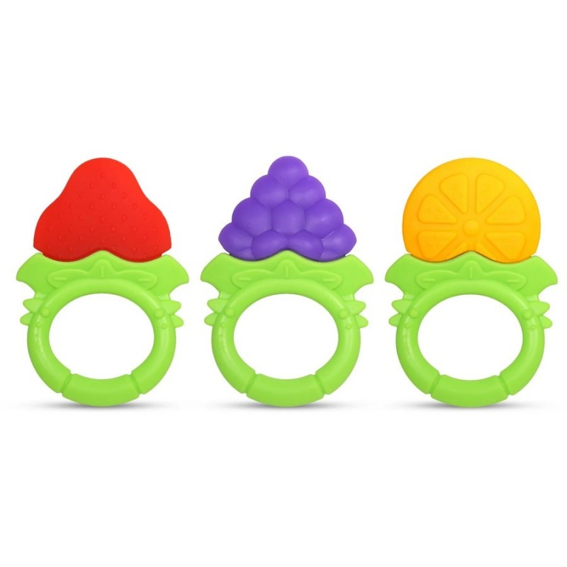 Trois hochets de dentition colorés et texturés