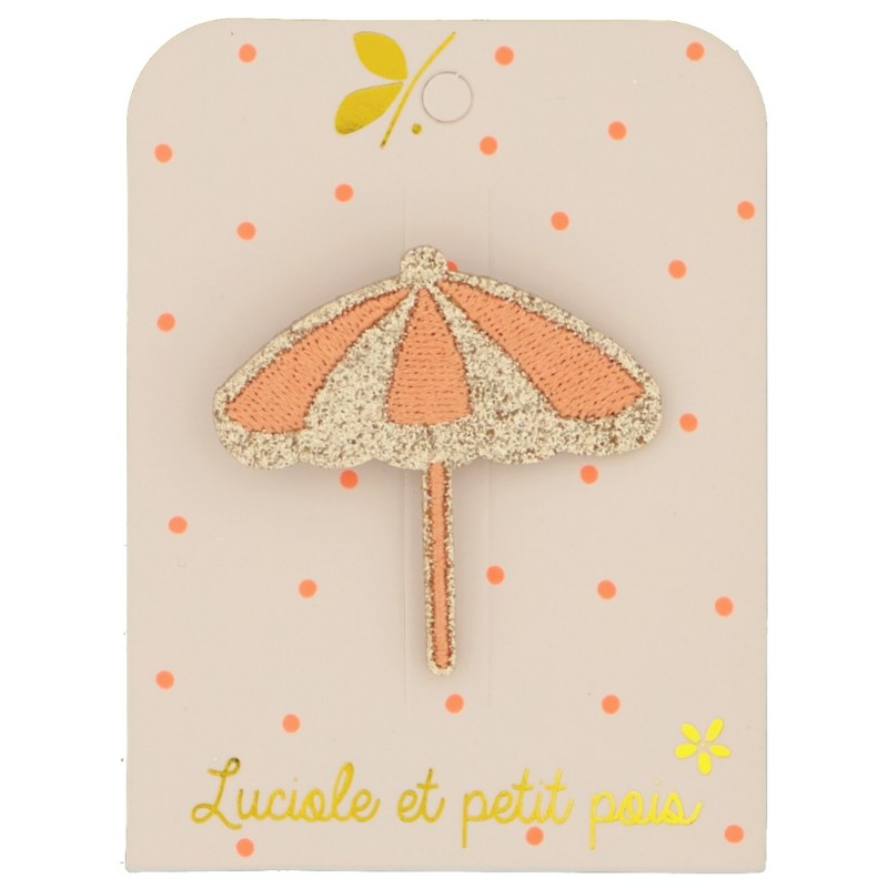 Broche enfant Luciole et Petit Pois en forme de parasol rose pailleté