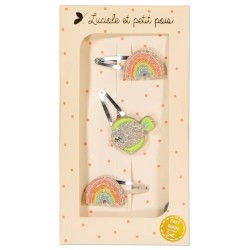 Coffret cadeau Luciole et Petit Pois avec barrettes enfant assorties 2 arc en ciel et 1 poisson à pois