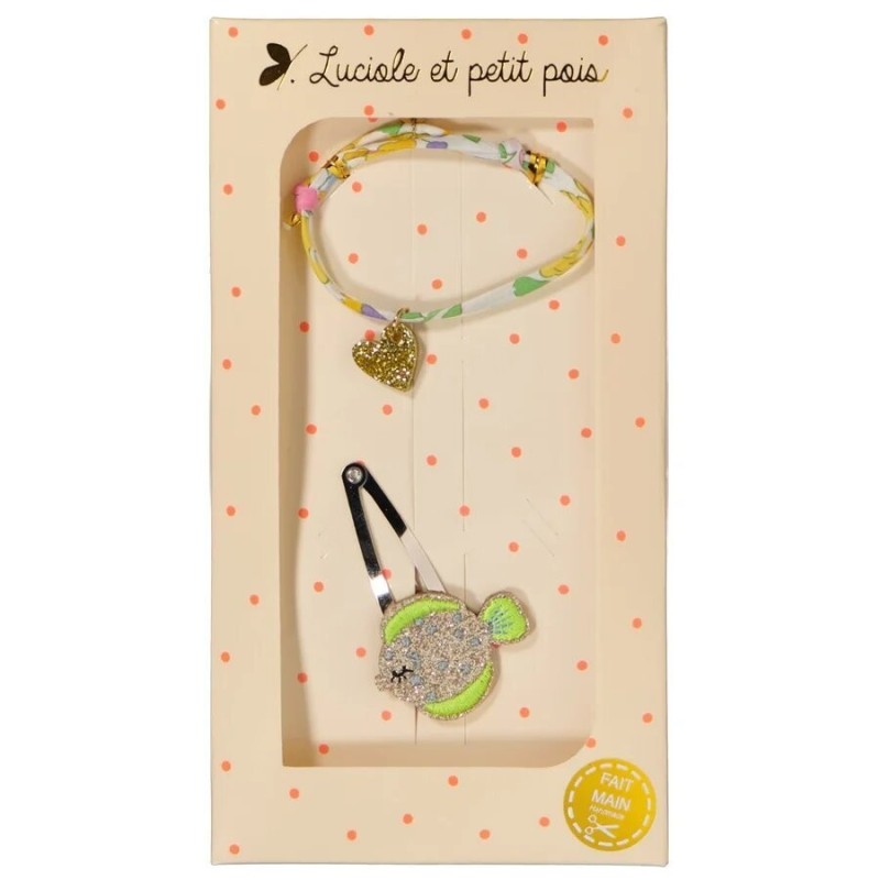 Coffret cadeau Luciole et Petit Pois avec  bracelet Liberty Betsy mimosa et 1 barrette poisson à pois