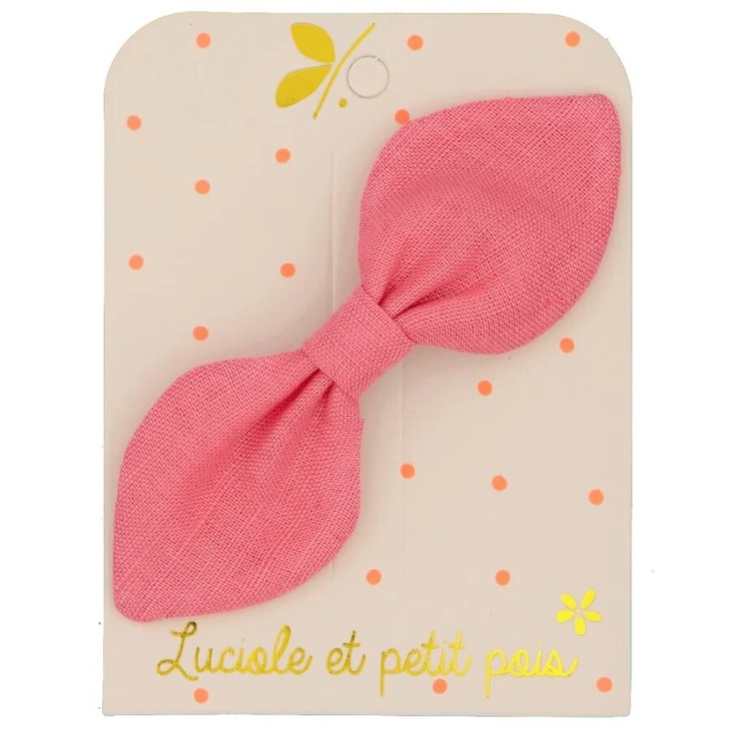 Barrette nœud en tissu Luciole et Petit Pois montée sur une pince crocodile lin rose bonbon