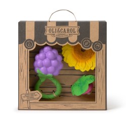 1 hochet raisin, 1 fleur de tournesol et 1 mini radis pour soulager les dents douloureuses de bébé dans un joli coffret