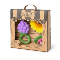1 hochet raisin, 1 fleur de tournesol et 1 mini radis pour soulager les dents douloureuses de bébé dans un joli coffret