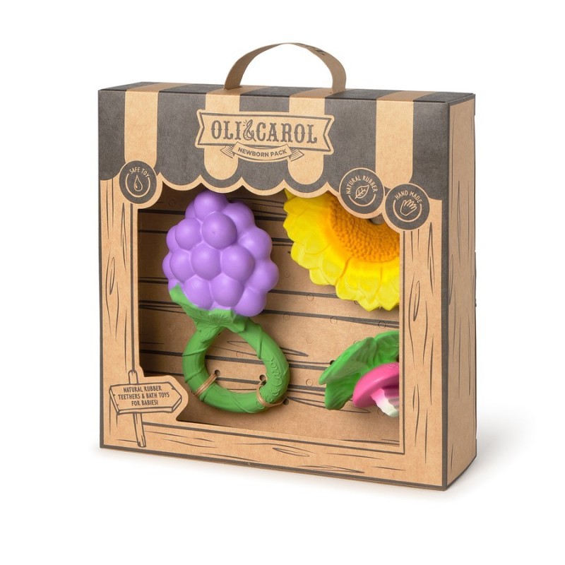 1 hochet raisin, 1 fleur de tournesol et 1 mini radis pour soulager les dents douloureuses de bébé dans un joli coffret