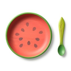 Bébé mangeant dans une assiette en bois motif pastèque Oli & Carol