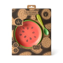Bébé mangeant dans une assiette en bois motif pastèque Oli & Carol